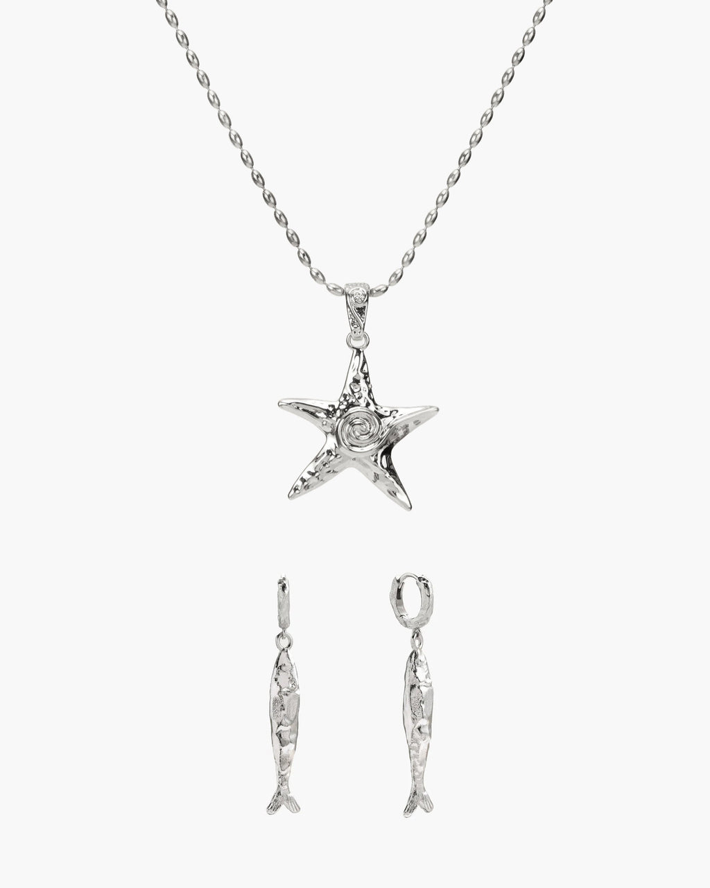 Anchovy Earrings & Starfish Necklace Set in Silver