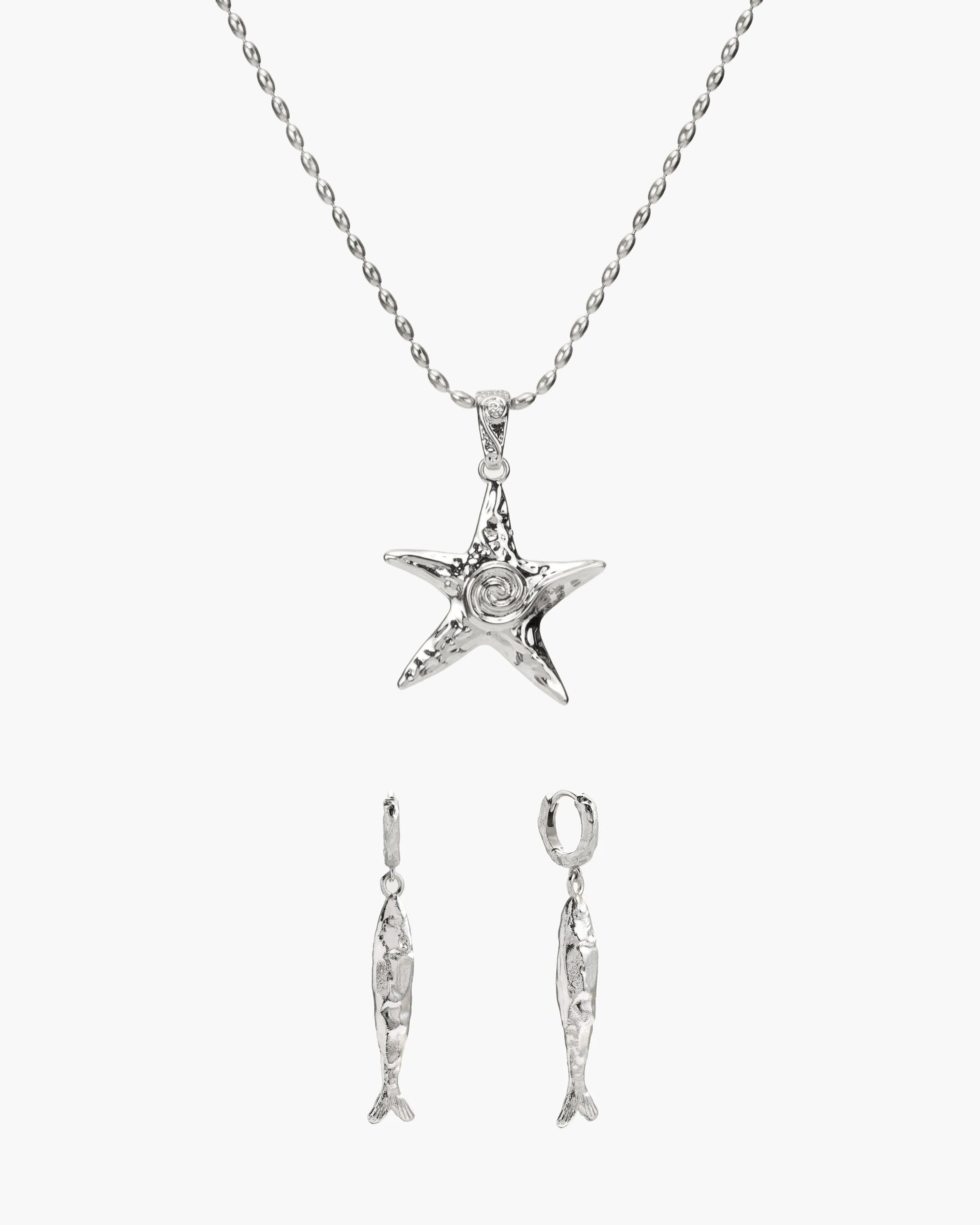 Anchovy Earrings & Starfish Necklace Set in Silver